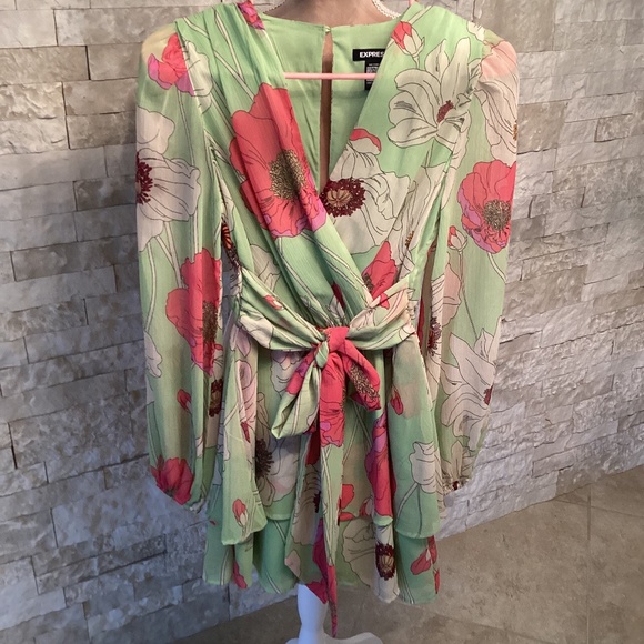 Express Floral Long Sleeve Faux Wrap Romper - Picture 1 of 8